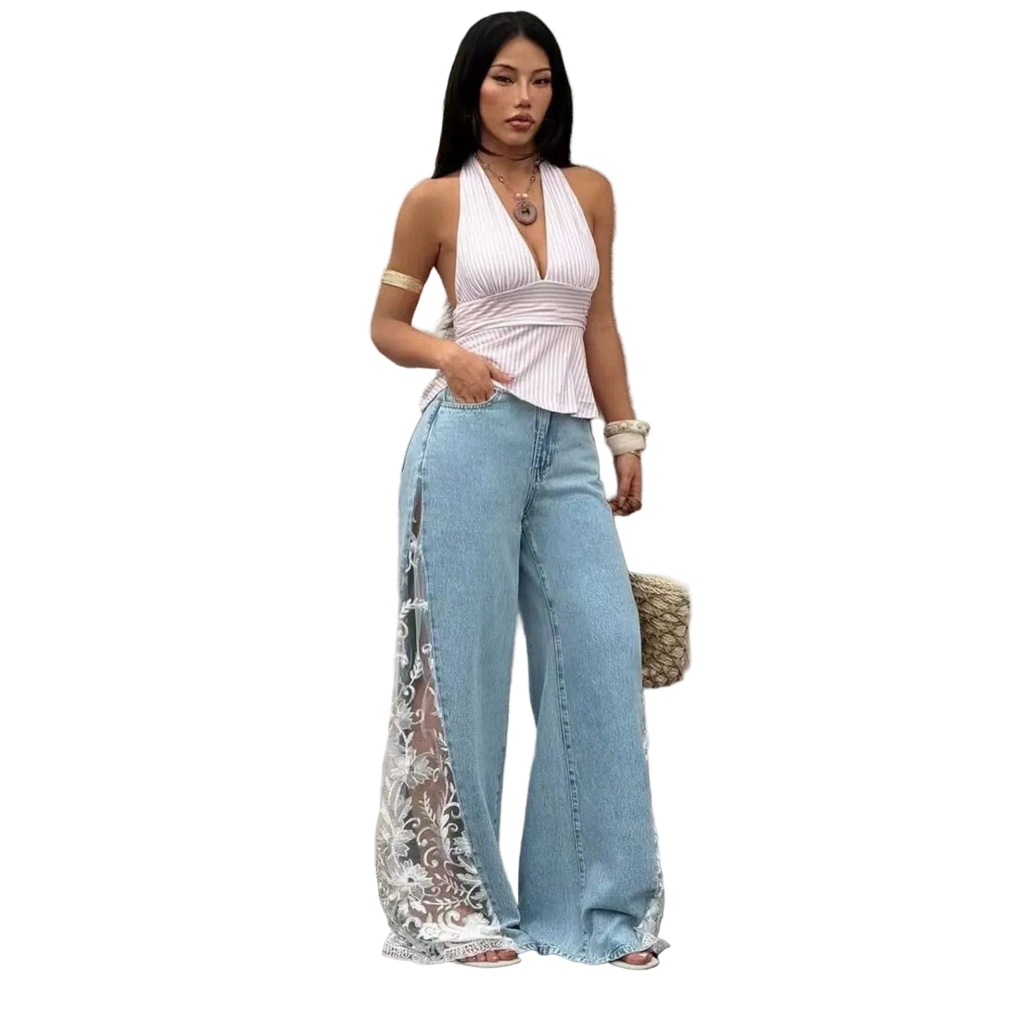 Women Colorblock Lace Spliced Wide Leg Denim Jeans
