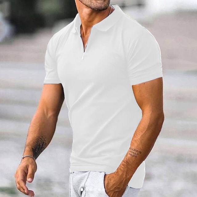 Short Sleeved Solid Color Zippered T Shirt - cas7m