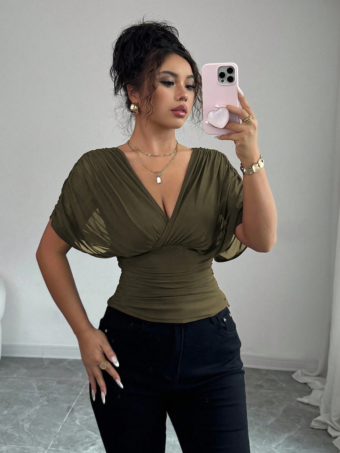 Solid-color Deep V-neck Short-sleeve Waist-cinching Top For Women - cas7m