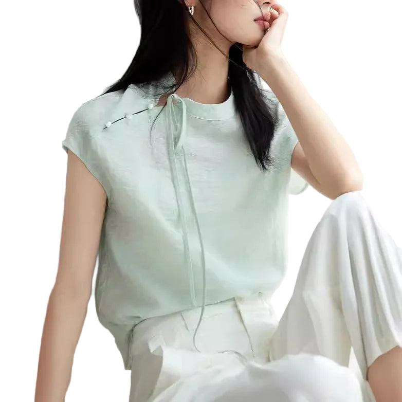 Mint Mamba New Chinese-style Intellectual Artistic Linen Short-sleeve Shirt For Women - cas7m