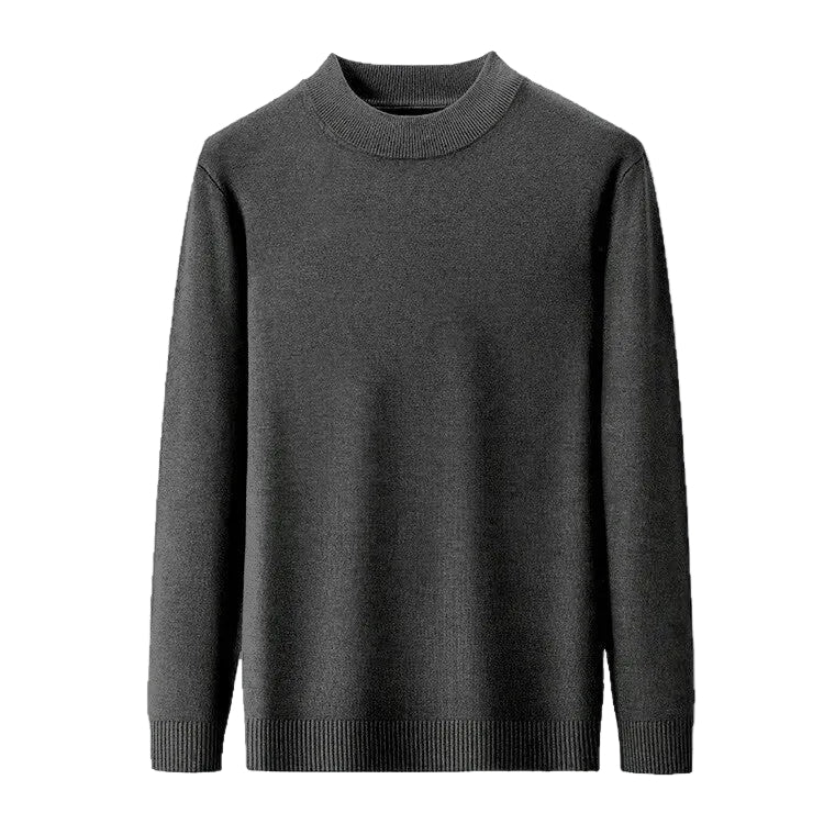 A dark gray long-sleeve knit sweater with a crew neck, ribbed collar, cuffs, and hem, shown against a plain white background.