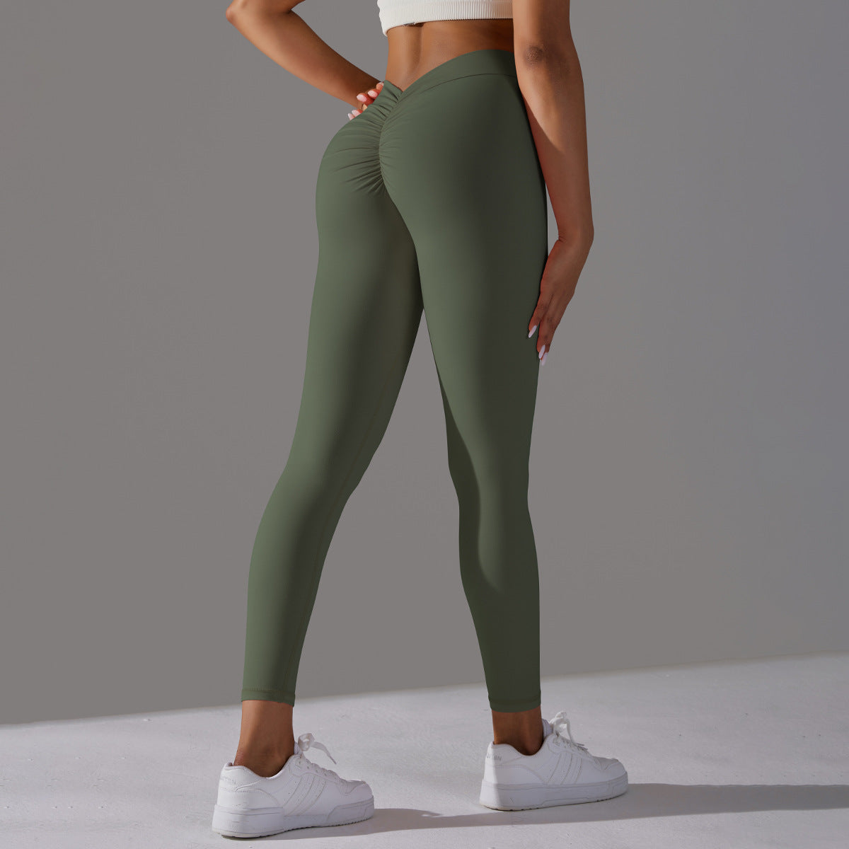 Brushed V Waist Pleated Solid Color Yoga Pants - cas7m