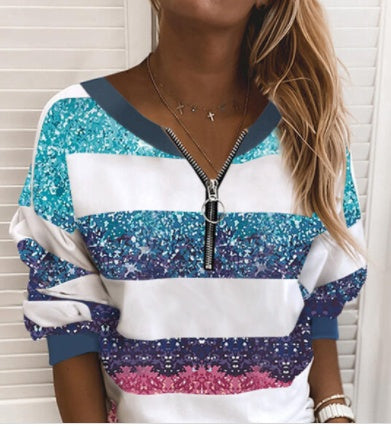 Striped Print Loose Sweatshirt Women - cas7m