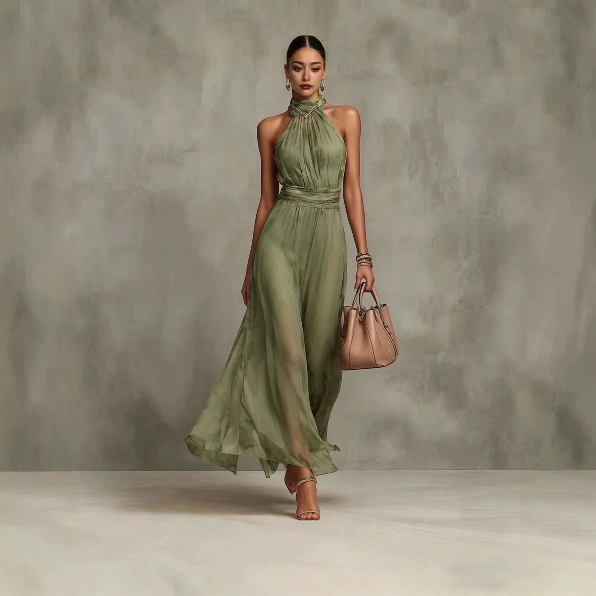 Resort-style Waist-cinching Figure-flattering Pleated Dress - cas7m