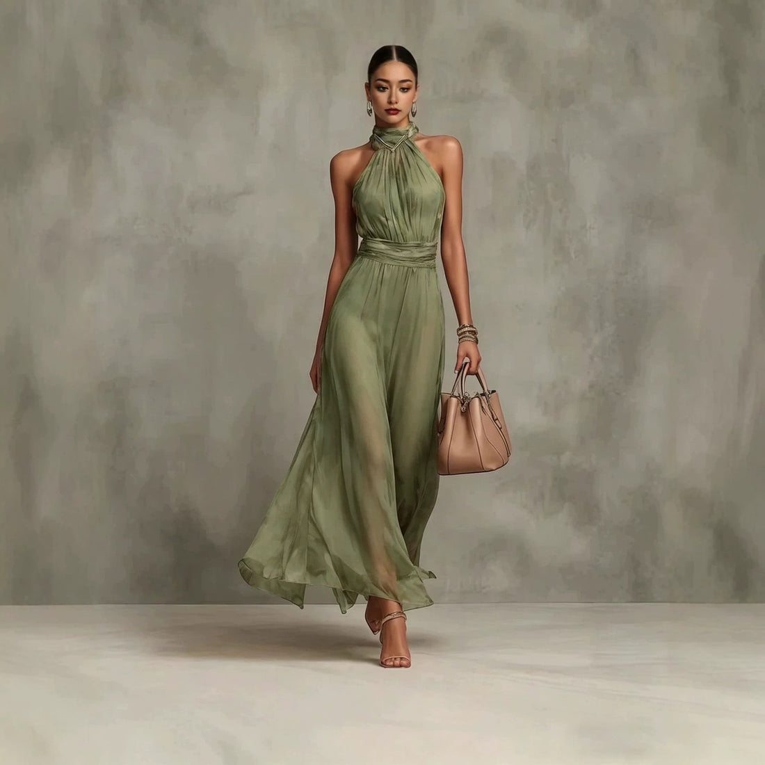 Resort-style Waist-cinching Figure-flattering Pleated Dress - cas7m