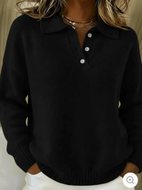 Loose And Soft Women's Lapel Long Sleeve Button Sweater - cas7m