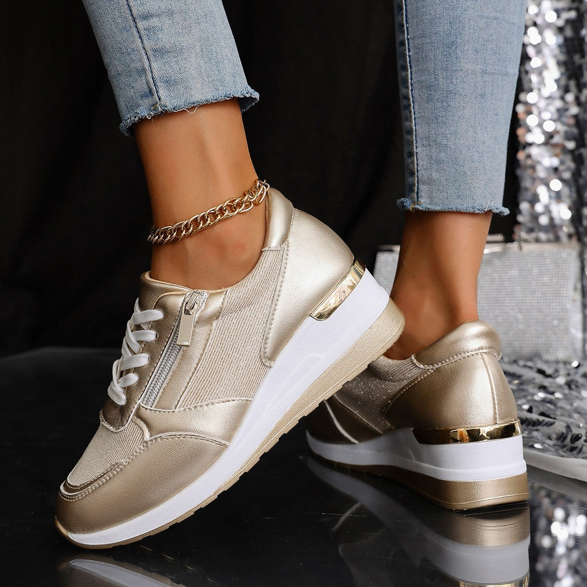 Women's Lace-up Casual Shoes FFashion Side Zipper Design Thick-soled Shoes Walking Running Sports Sneakers - cas7m