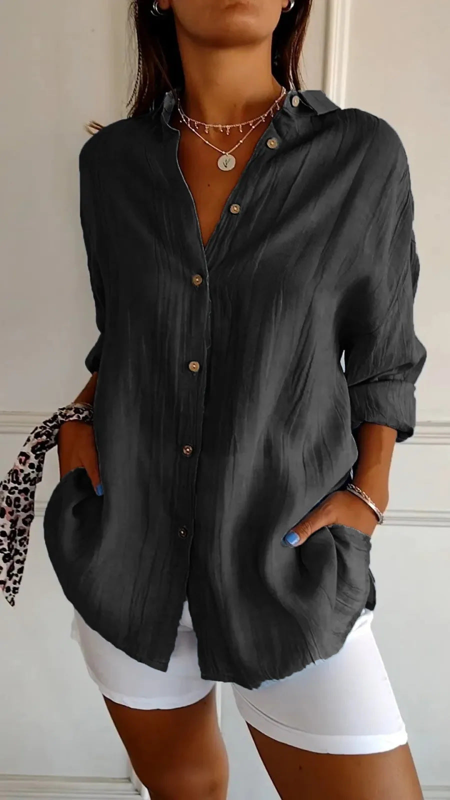 Lapel Long Sleeve Shirt Women's Single-breasted Pleated Shirt Tops Clothing - cas7m
