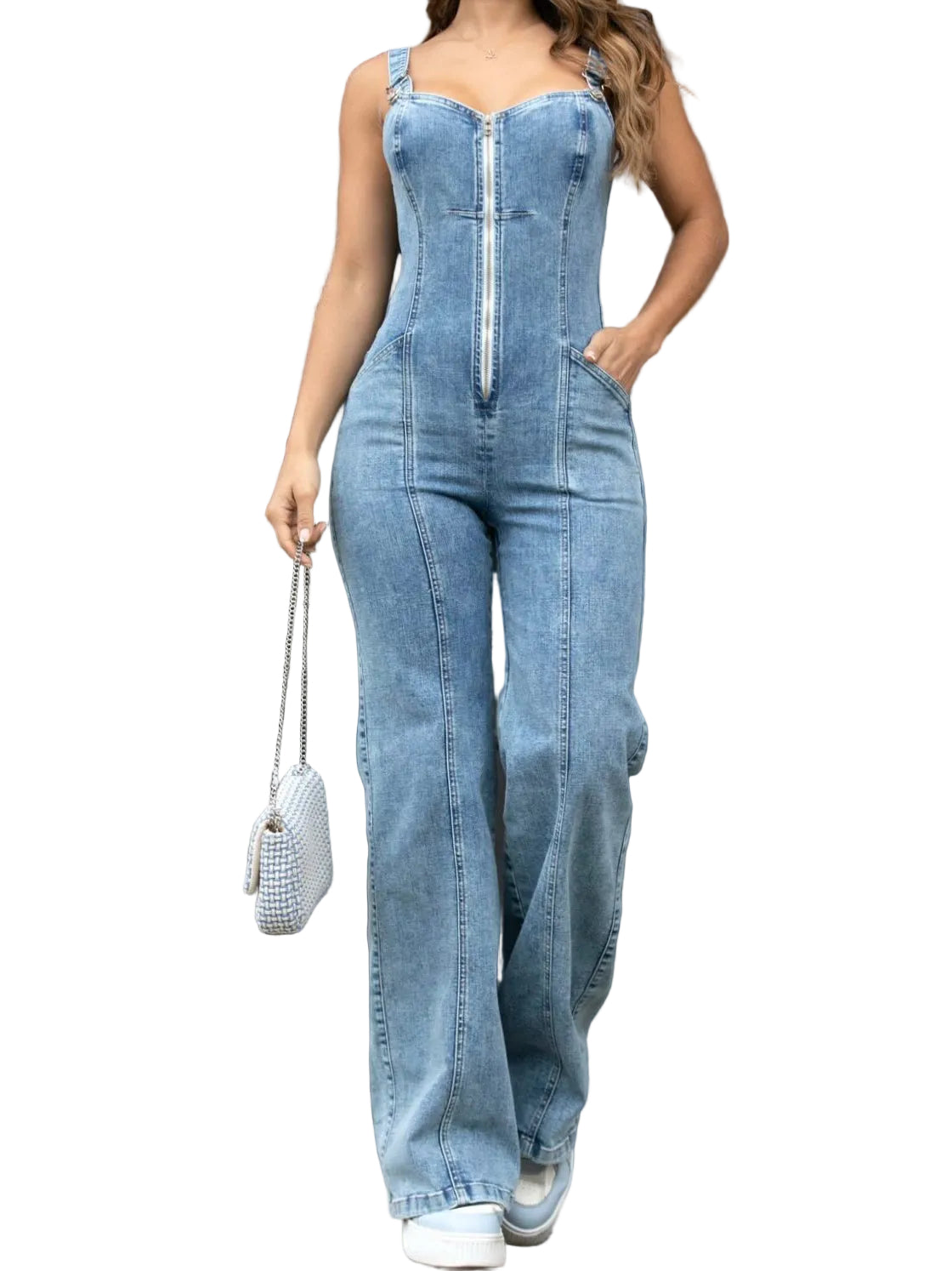 Sleeveless Paneled Zipper Denim Jumpsuit - cas7m