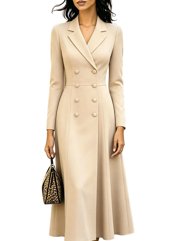 Elegant Double-breasted Tailored Long Dress With A Cinched Waist And A Flared Skirt - cas7m