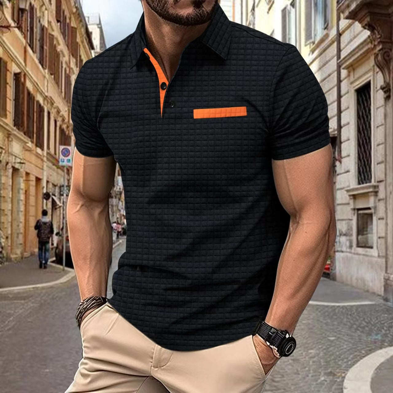 Button Jacquard Plaid Men's Sports Polo Shirt Men - cas7m