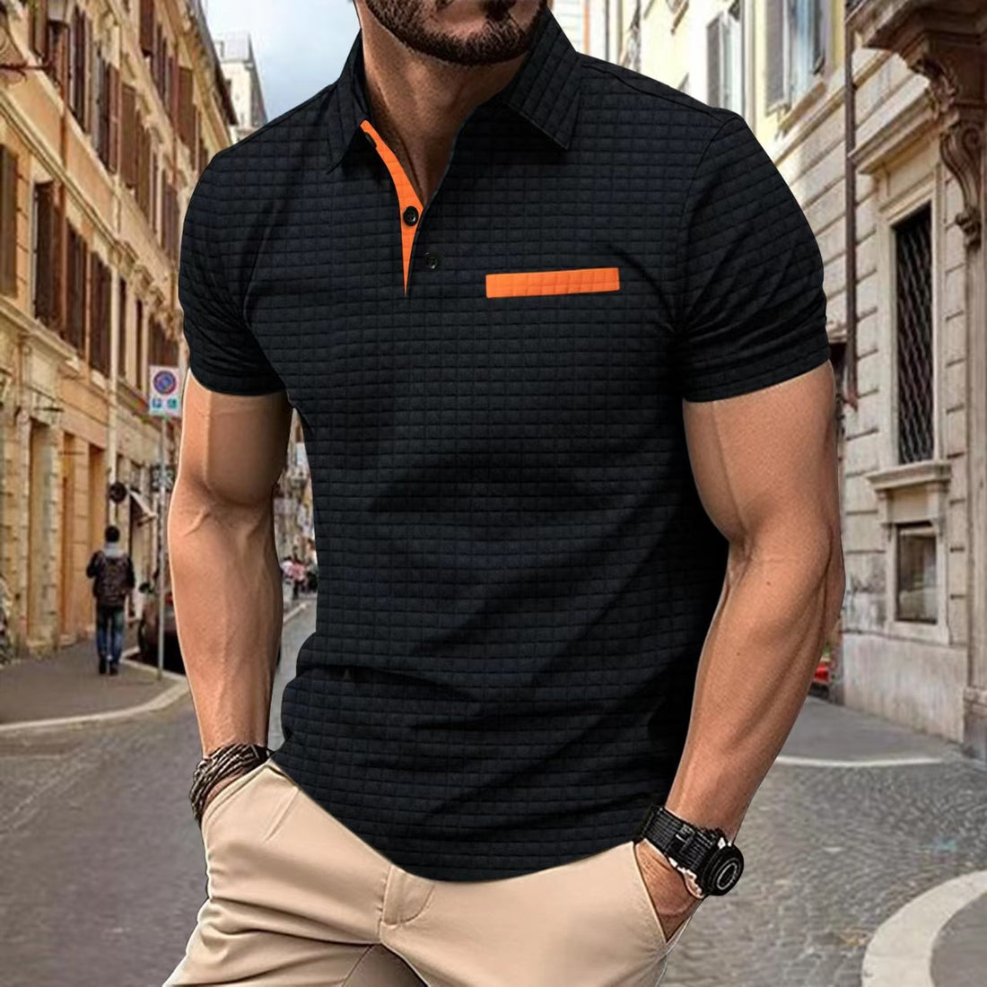 Button Jacquard Plaid Men's Sports Polo Shirt Men - cas7m