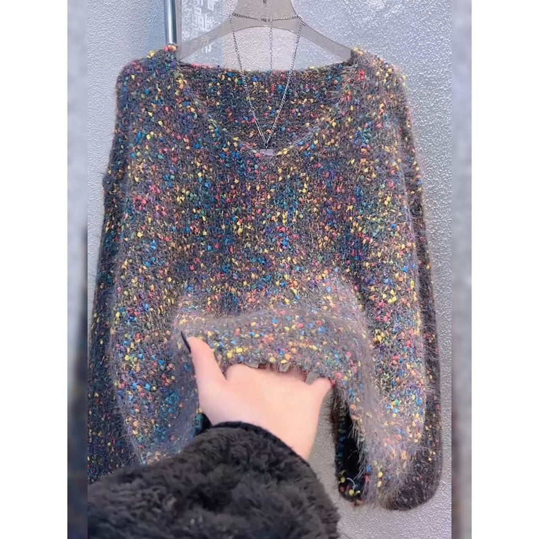 Women's V-neck Pullover Short Colorful Polka Dot Sweater - cas7m