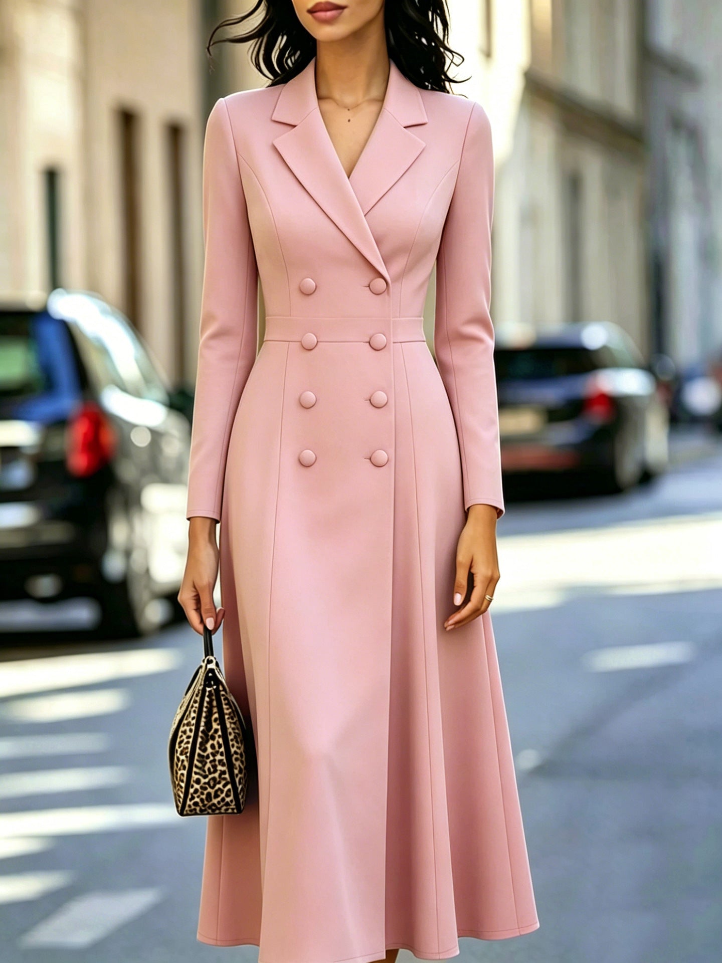 Elegant Double-breasted Tailored Long Dress With A Cinched Waist And A Flared Skirt - cas7m