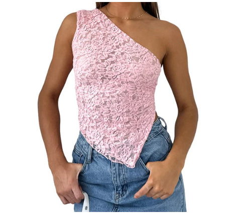 Ins Lace Backless Top Summer Solid Color Waistless Asymmetrical Sloped Neck Vest Streetwear Womens Clothes - cas7m