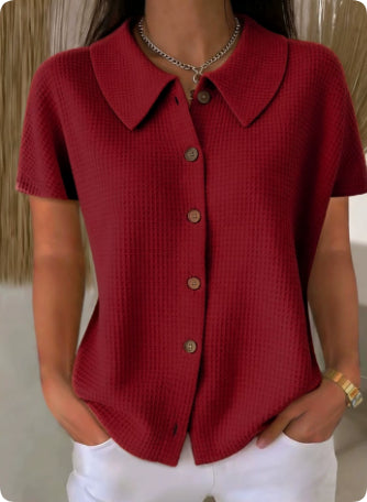 Turn-Down Collar Waffle Weave Solid Color Casual Loose Fit Short Sleeve Shirt - Women's Cotton Blend Lightweight Summer Top For Daily Wear - cas7m