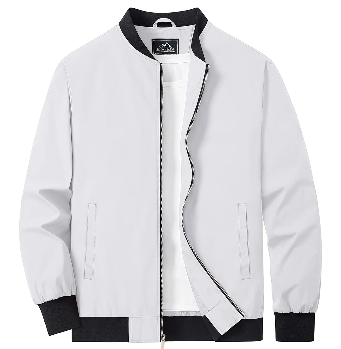 White bomber jacket with black accents on a white background