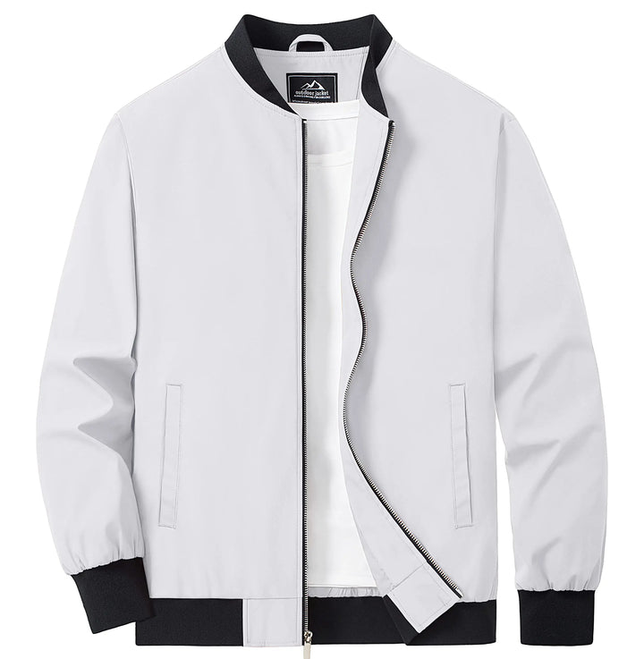 White bomber jacket with black accents on a white background