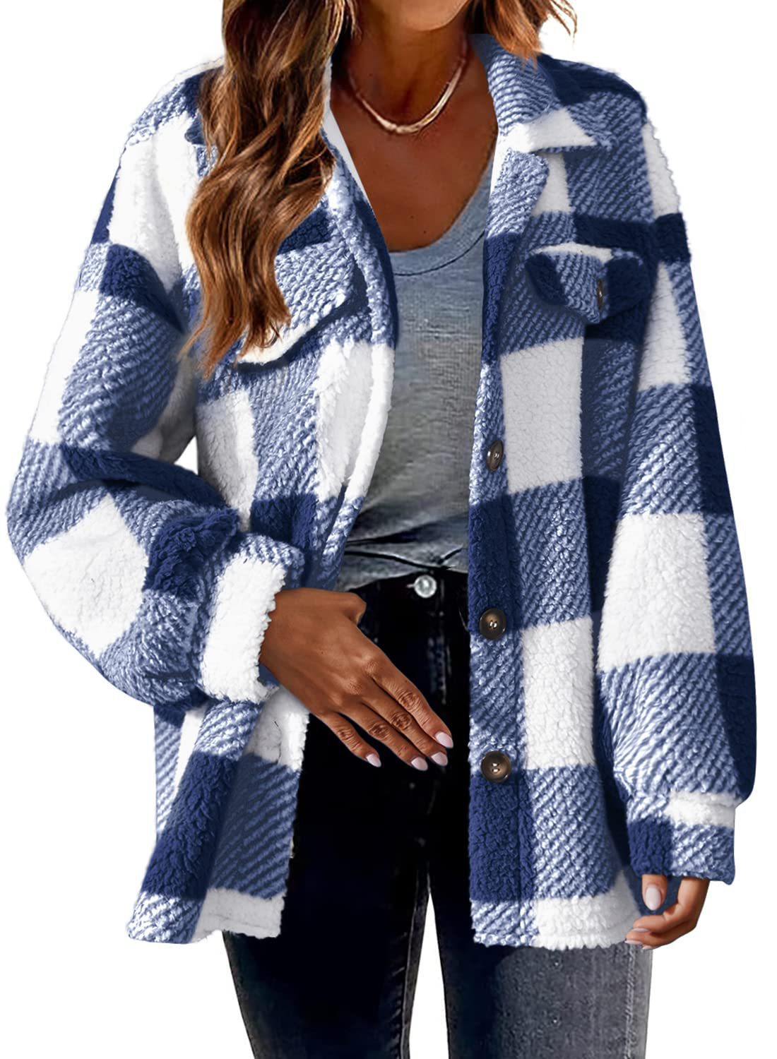 Turndown Collar Plaid Jacket With Pockets Single Breasted Button Down Woolen Jacket Autumn And Winter Clothes For Women - cas7m