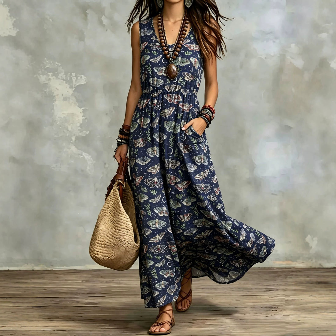 Elegant Sleeveless Printed Long Dress With Pockets - cas7m