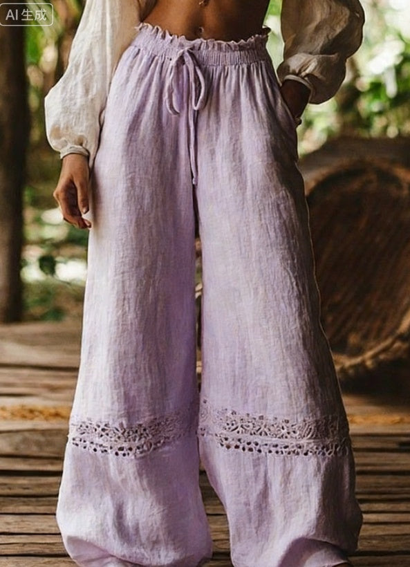 Hollow-out Elastic Waist Wide-leg Pants - cas7m