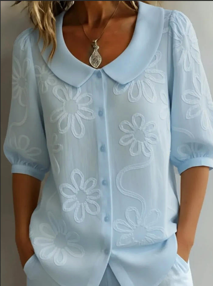 Loose-fit Retro Buttoned 3D Embroidered Floral Shirt - cas7m
