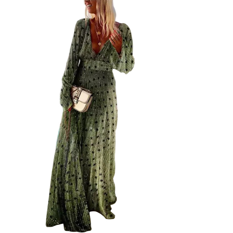 2025 Cross-Border Women's New Cross-Border Green Gradient Spot Print Fashionable Elegant Deep V Full Skirt Dress