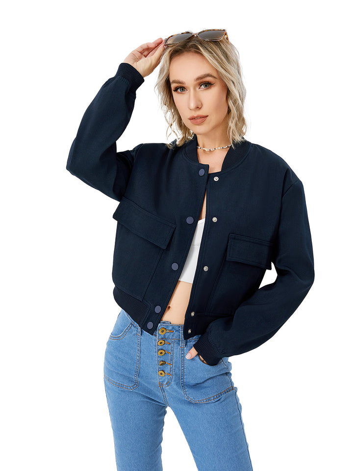 Women's Lightweight Cropped Bomber Jacket Casual Long Sleeve Varsity Jacket With Pocket Fashion Y2k Jacket Streetwear - cas7m