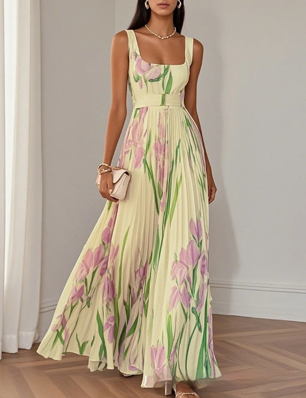 Floral Print Pleated Dress Summer A-Line Sleeveless Midi Dresses Women's Clothing - cas7m