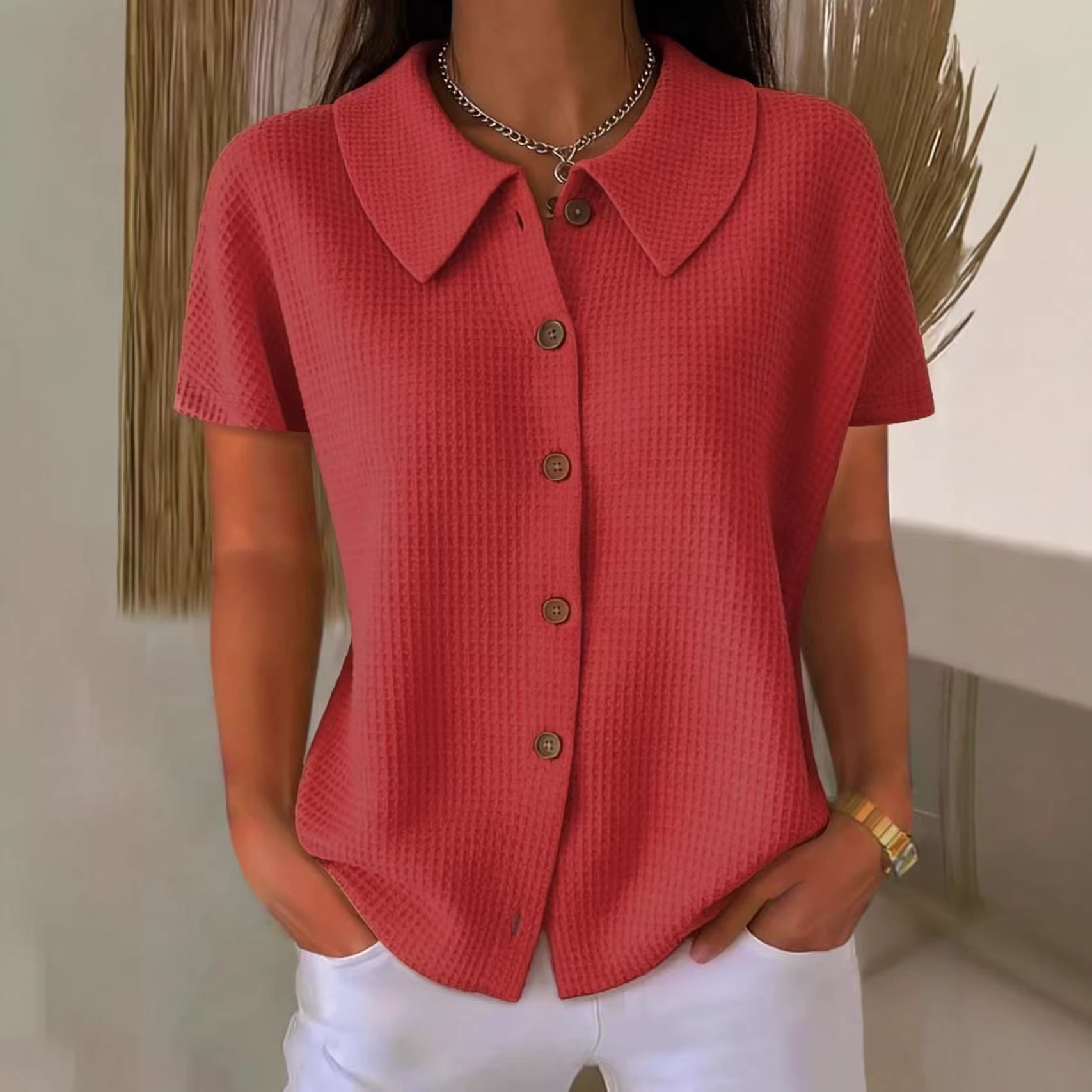 Turn-Down Collar Waffle Weave Solid Color Casual Loose Fit Short Sleeve Shirt - Women's Cotton Blend Lightweight Summer Top For Daily Wear - cas7m
