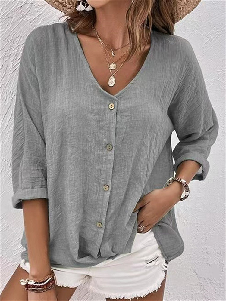 V-neck Long-sleeved T-shirt Fashion Solid Color Button Top Casual Loose Clothing For Women - cas7m