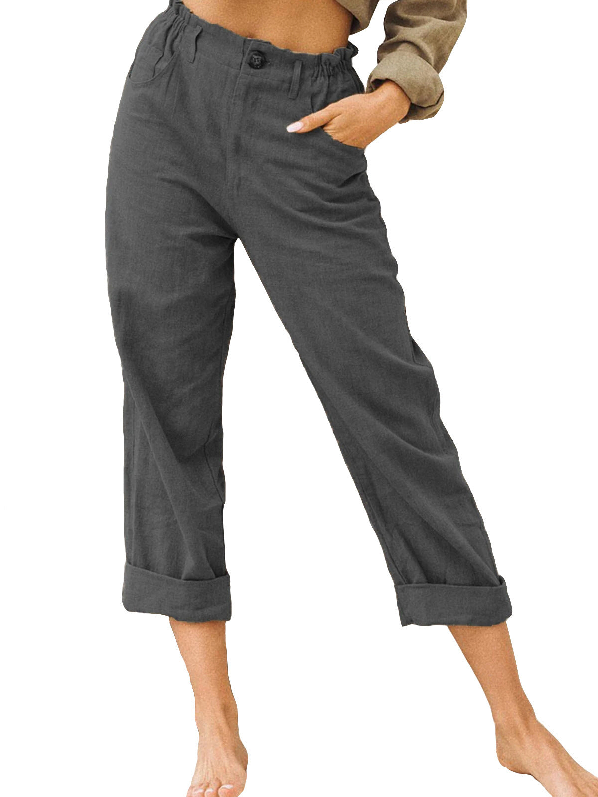 Patchwork Pant Women's Cotton Linen Pants Drawstring Back Elastic Waist Pants Loose Casual Trousers - cas7m