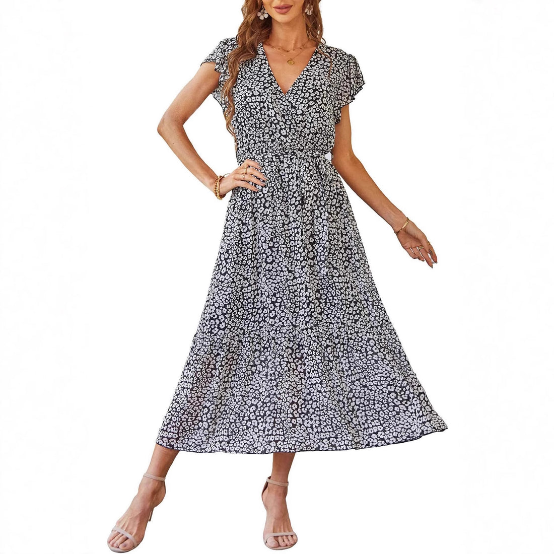 Womens Floral Print Flounce Short-Sleeve Midi Dress - cas7m