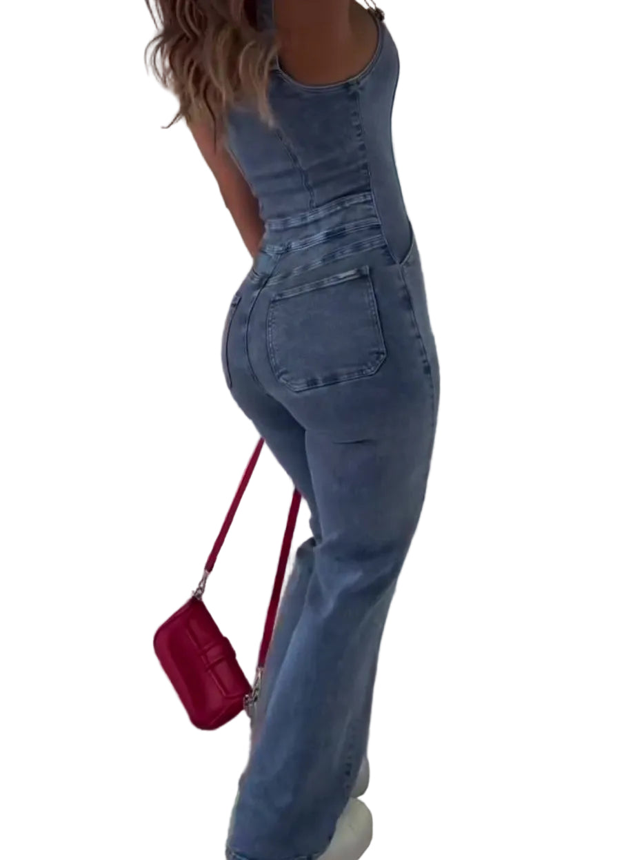 Sleeveless Paneled Zipper Denim Jumpsuit - cas7m