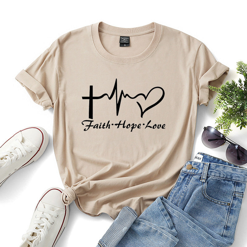 Faith Hope Love Letter Short-sleeved Cotton Bottoming Shirt - cas7m