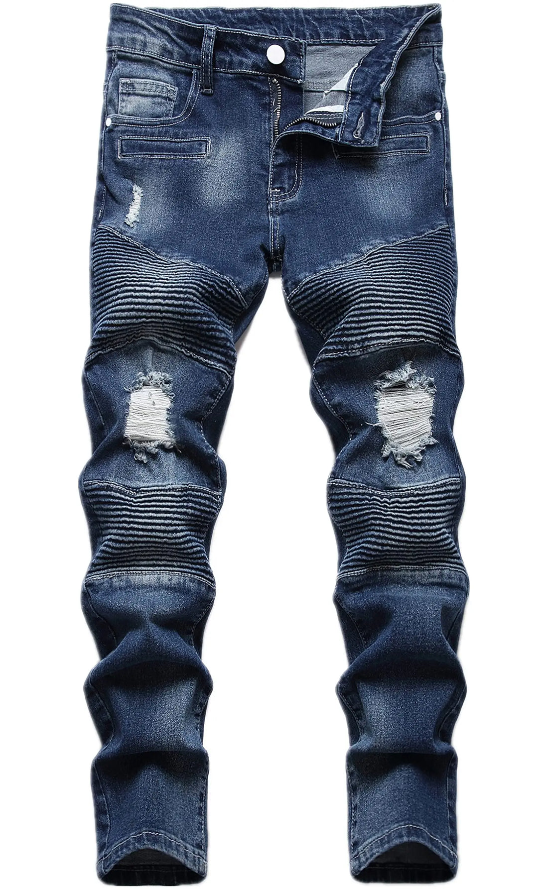 Distressed blue jeans on a white background