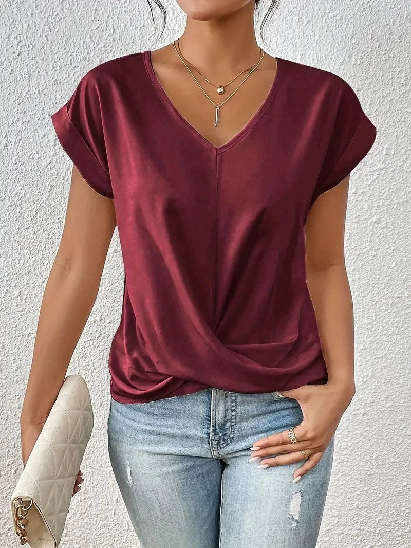 Fashion V-neck Short-sleeve T-shirt Summer Casual Irregular Knot Top For Women Clothing - cas7m