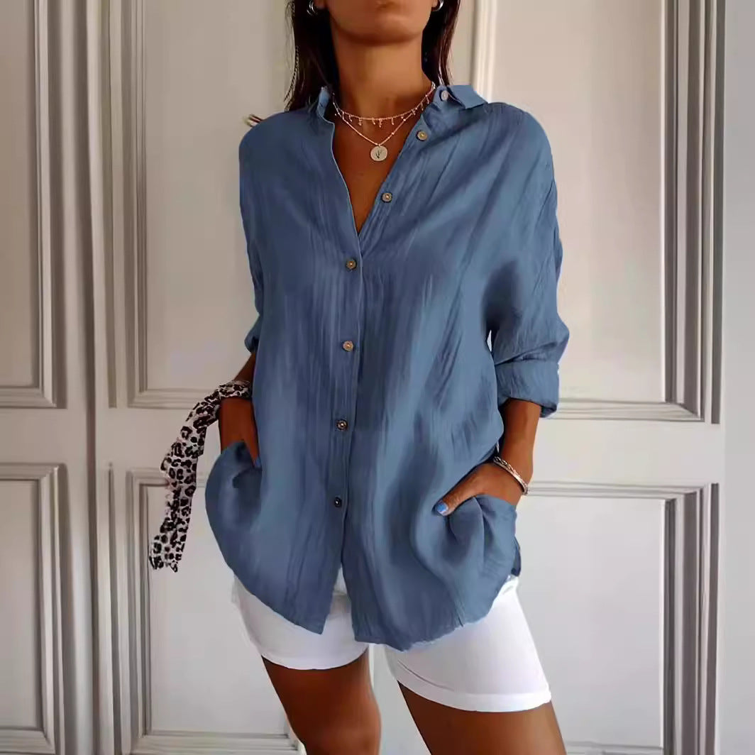 Lapel Long Sleeve Shirt Women's Single-breasted Pleated Shirt Tops Clothing - cas7m