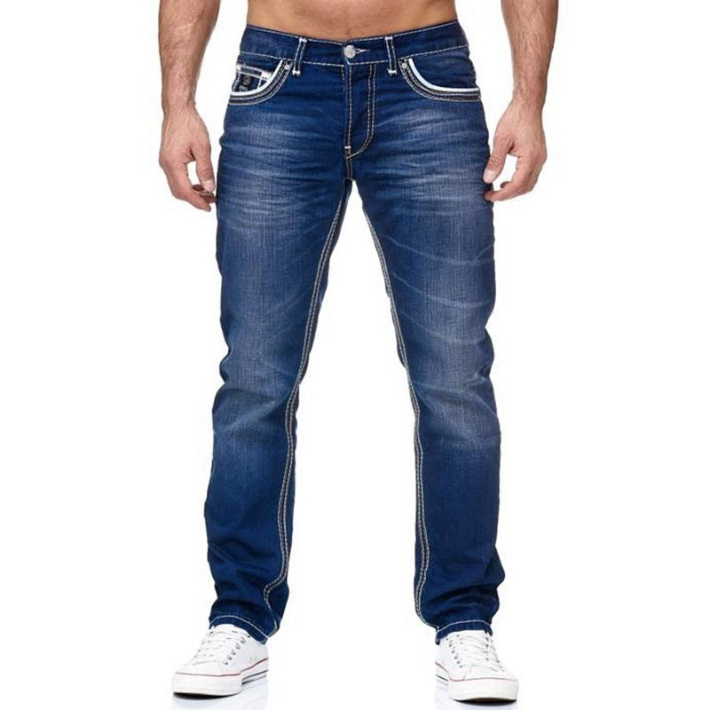 Men's White Distressed Mid-rise Loose Straight-leg Jeans - cas7m
