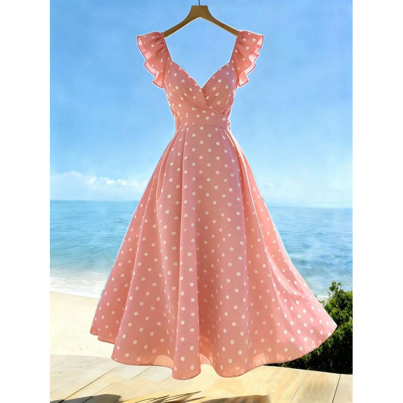 Womens Solid-Color Casual Resort V-Neck Ruffle-Trim Dress - cas7m