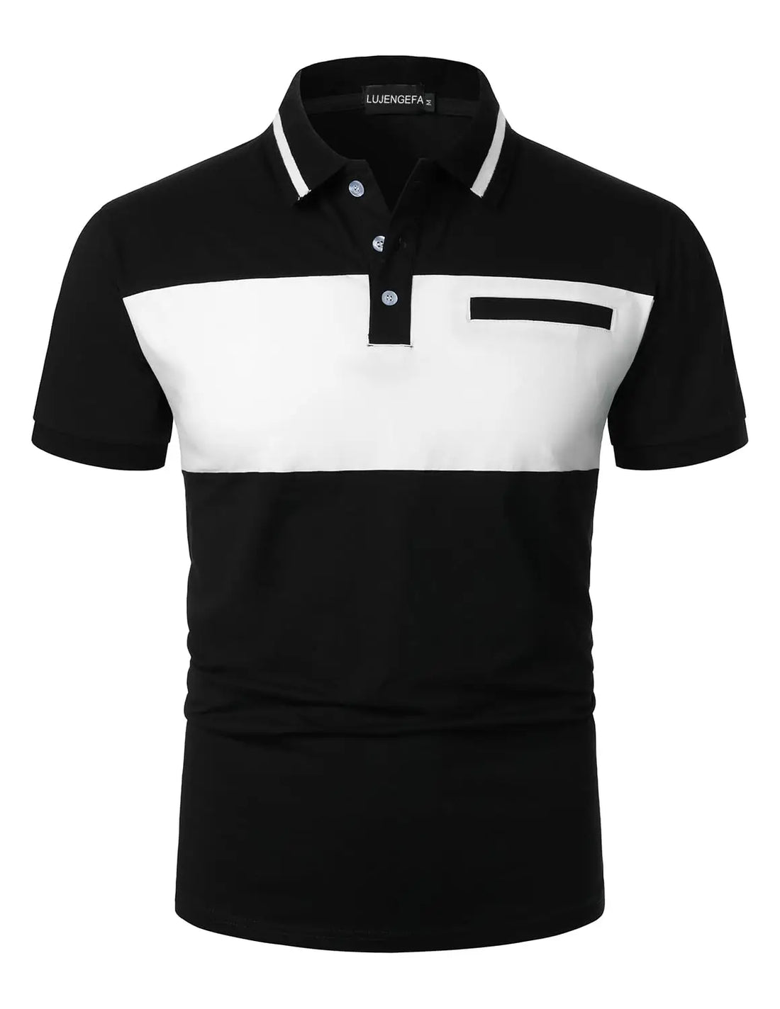Black and white polo shirt with a visible brand logo on a white background
