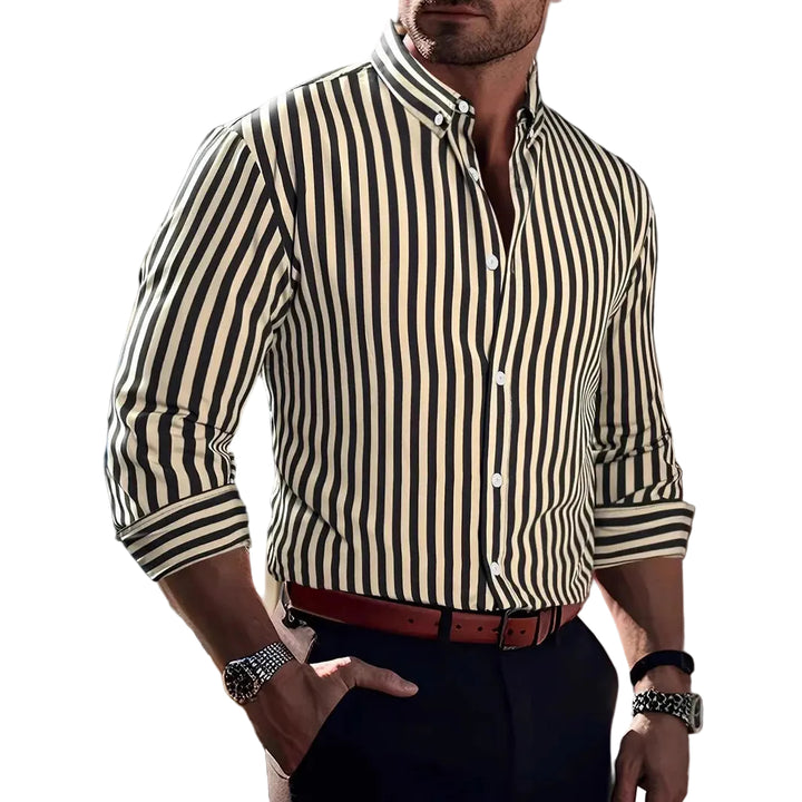 Ins Stripe Printed Long Sleeve Shirt Men Fashion Casual Lapel Button Top Clothing - cas7m