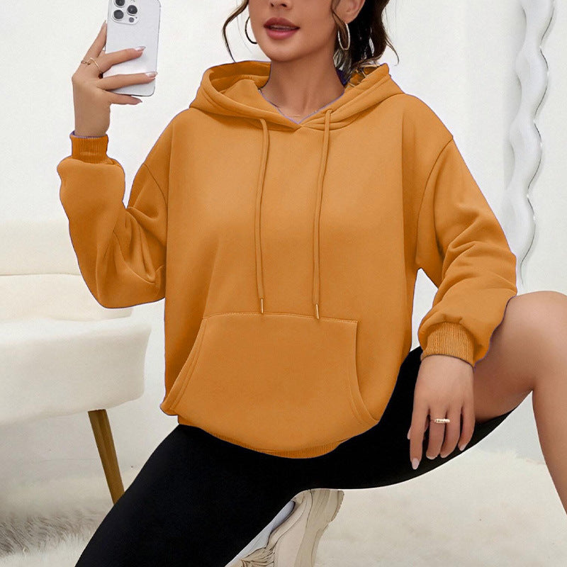 All-matching Loose Drawstring Pocket Sweatshirt Long Sleeve Women - cas7m