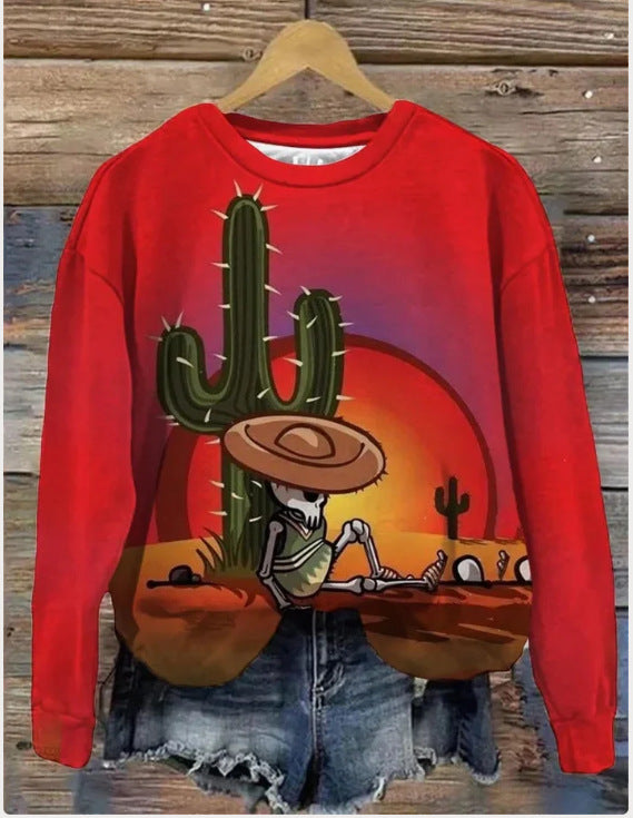 Printed Loose Round Neck Sweater For Women - cas7m