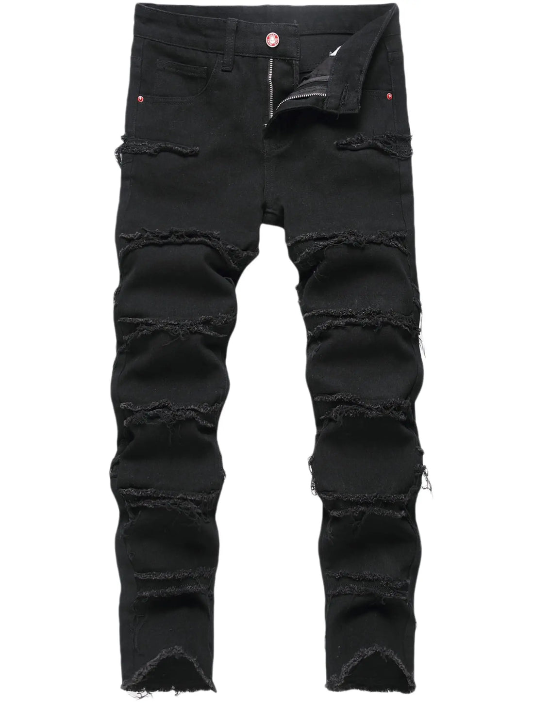 Black distressed skinny jeans with ripped details and frayed edges, shown flat against a white background.