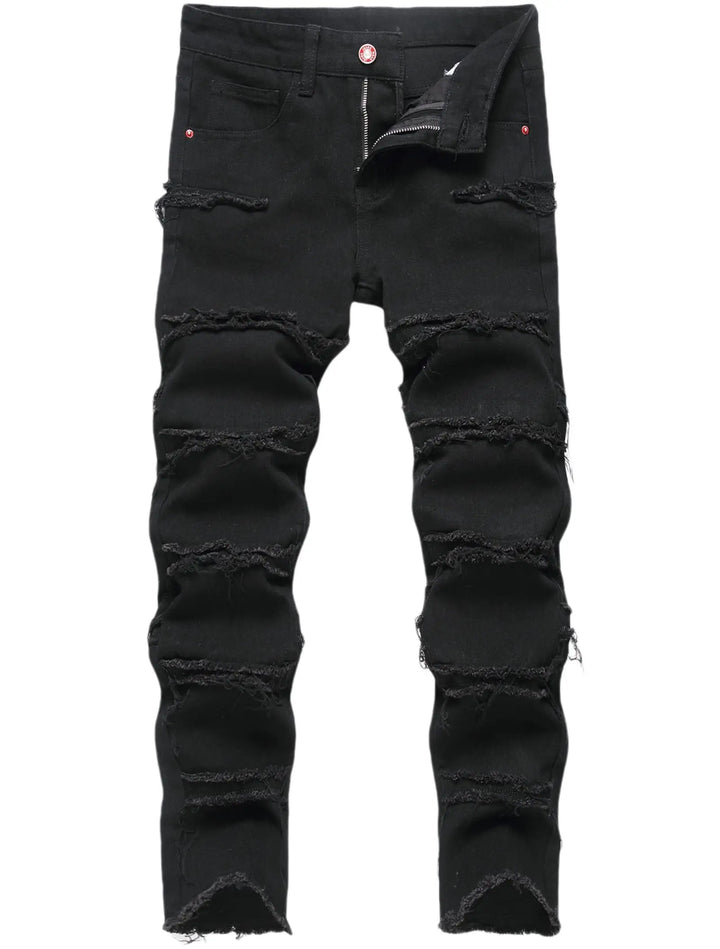 Black distressed skinny jeans with ripped details and frayed edges, shown flat against a white background.