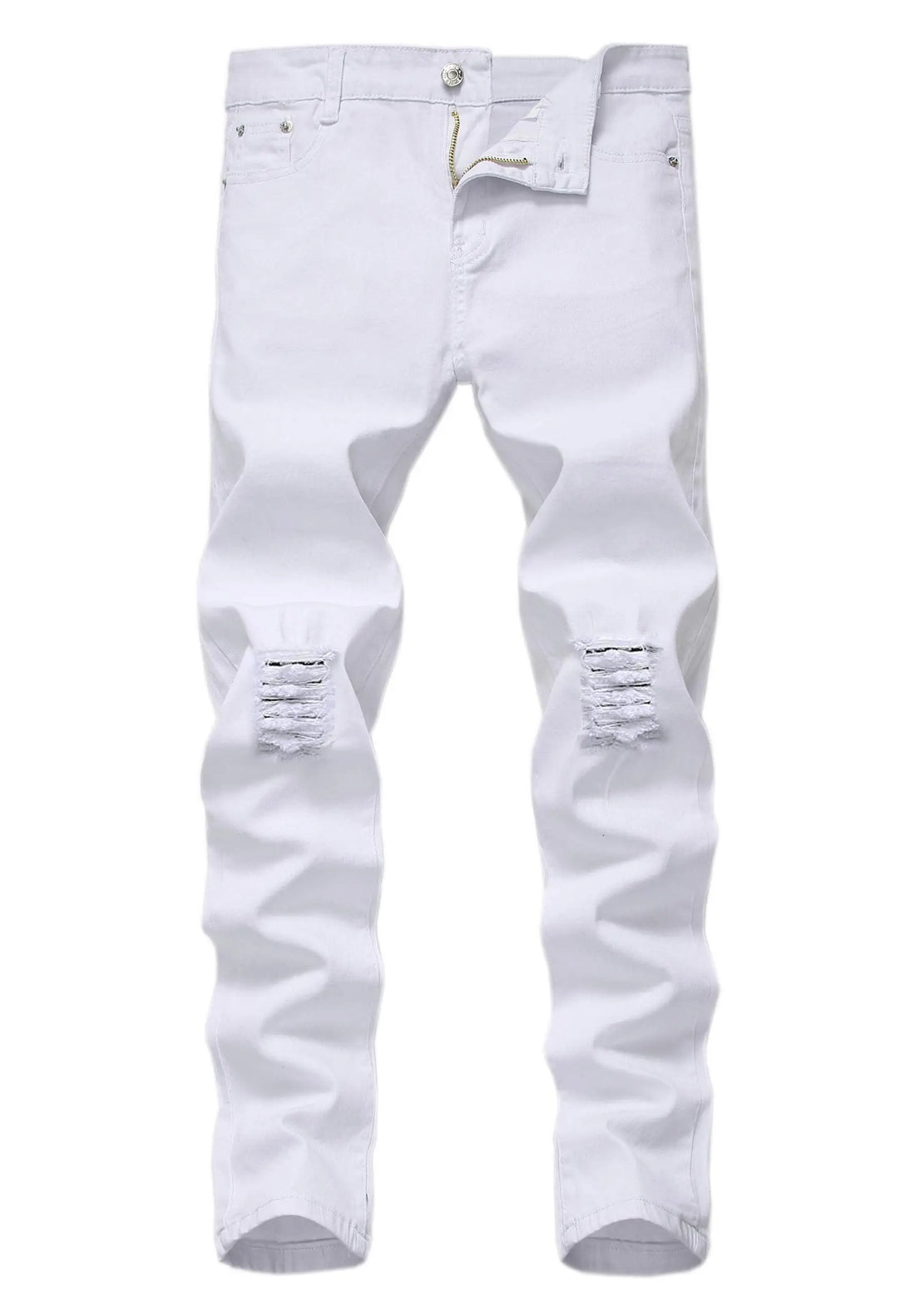 White distressed skinny jeans with ripped knee details, shown flat against a white background.