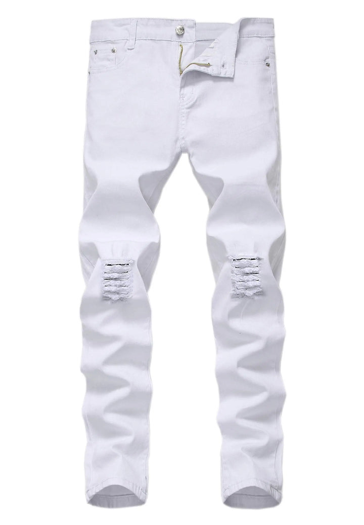 White distressed skinny jeans with ripped knee details, shown flat against a white background.
