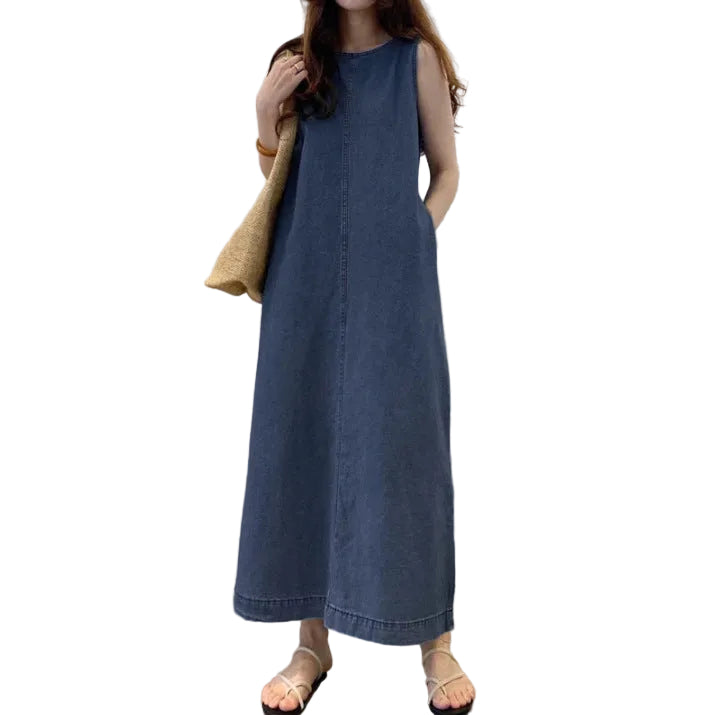 Womens Solid-Color Fashionable Round-Neck Loose-Fit Pocketed Dress - cas7m