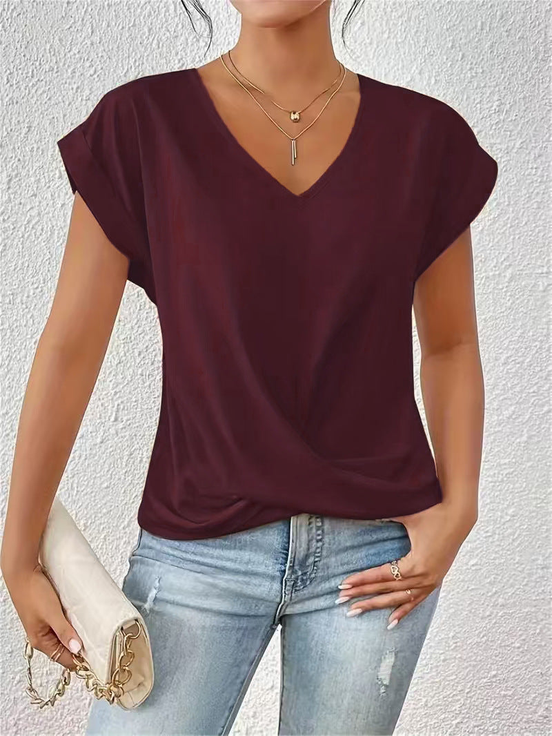 Fashion V-neck Short-sleeve T-shirt Summer Casual Irregular Knot Top For Women Clothing - cas7m